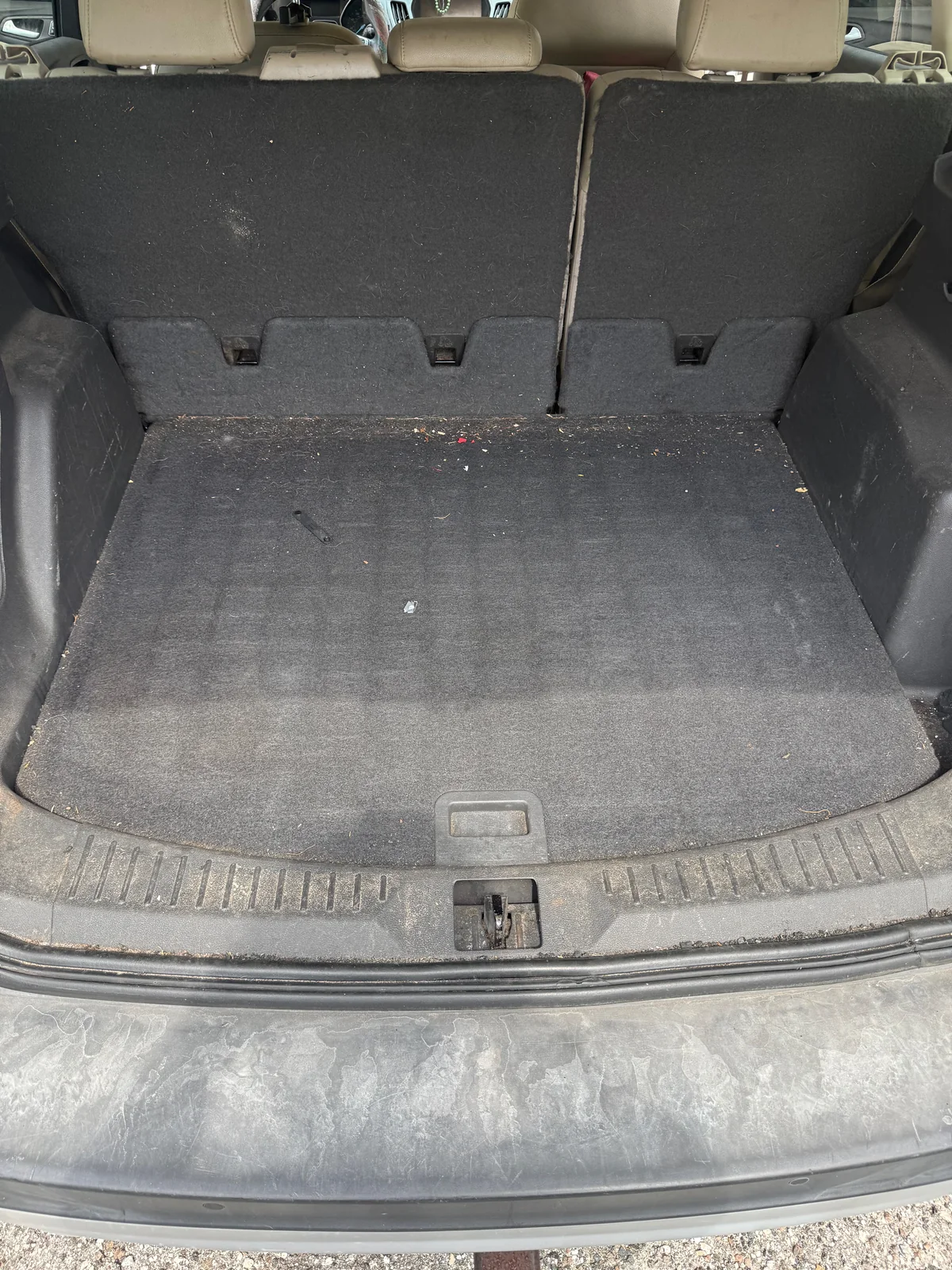 Ford Escape cargo area before detailing, with debris in the carpet
